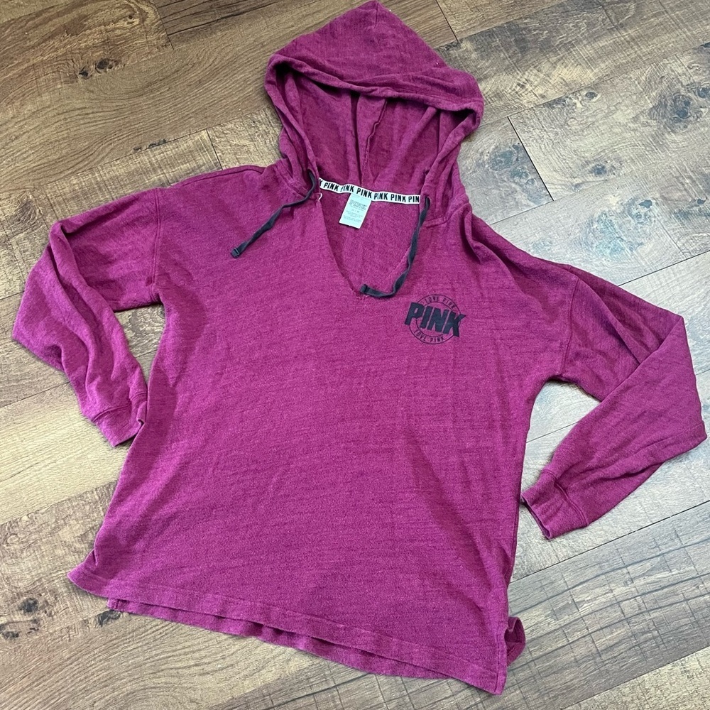 PINK by Victoria’s Secret oversized frayed V-neck hoodie drawstring Sz m…